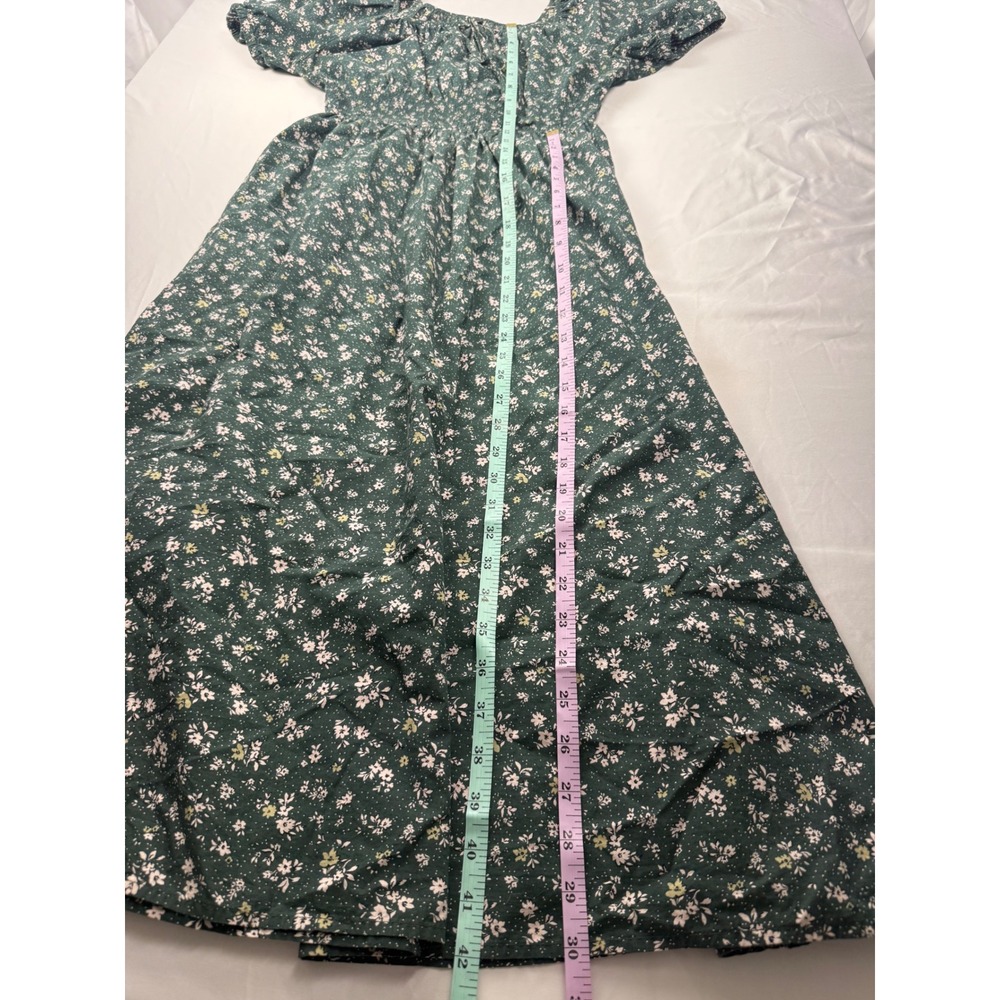 Uniqlo Size S Green Floral Volume Sleeve Midi Dress 100% Cotton Pockets - Picture 7 of 10